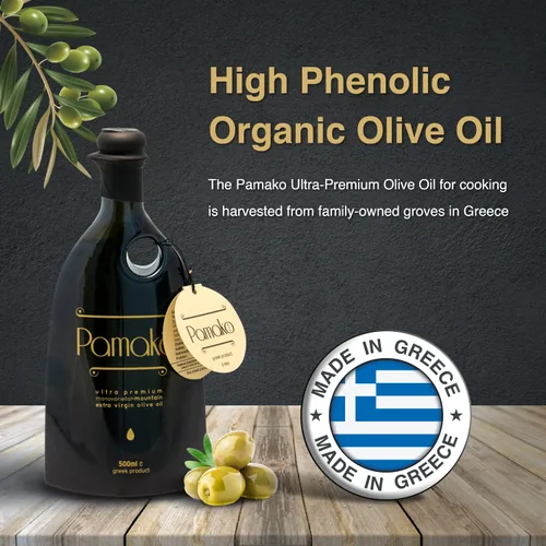 Vista 3 de Pamako Aceite de oliva orgánico de montaña monovarietal ultra premium 16.9 fl oz Cosecha 2021 Evoo orgánico prensado en frío de Grecia