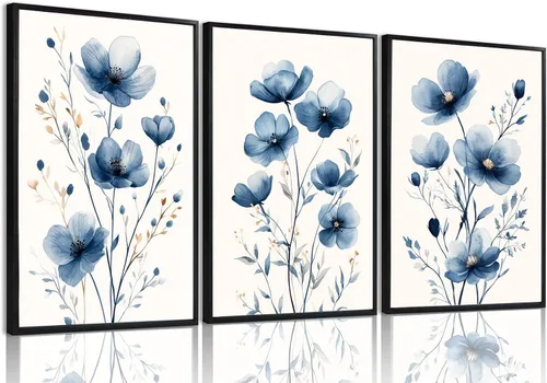 Vista 7 de okudolit Lienzo con flores silvestres azul marino enmarcado Arte de pared de lienzo Set de 3 Flores Imágenes Impresiones Impresión de flores