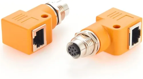 Vista 2 de Elecbee Adaptador de mamparo M12 a RJ45 impermeable M12 A Código 8 Pin hembra a RJ45 Jack de ángulo recto naranja