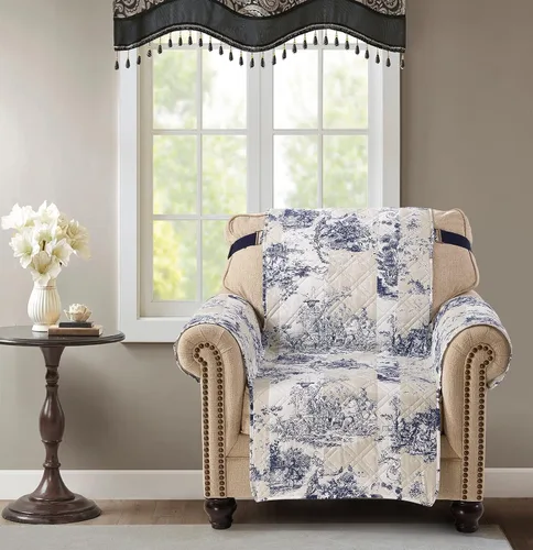 Vista 2 de Brilliant Sunshine Blue Toile Funda Acolchada con Quilted para Silla, 23 pulgadas de Ancho de Asiento, Protector de Muebles Antideslizante, Correa