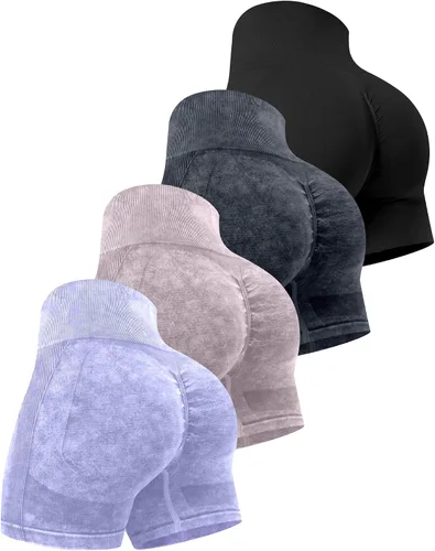 Vista 22 de CHRLEISURE Pantalones Cortos de Entrenamiento para Mujer, 4 Paquetes, Cintura Alta, Levantamiento de Glúteos con Fruncido, Pantalones Cortos Booty