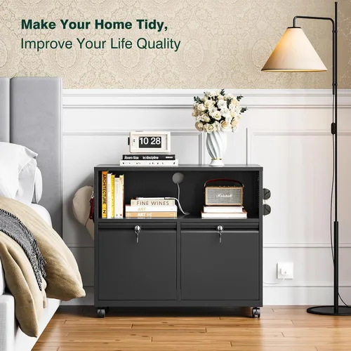 Vista 9 de Archivador de metal con 2 cajones con cerradura, gabinete archivador con soporte para impresora móvil y estantes para archivos de tamaño Negro