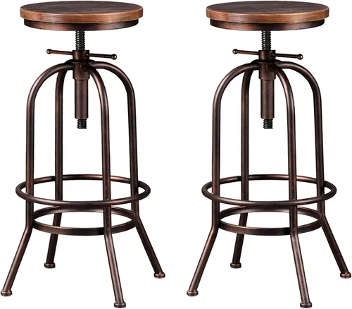 Vista 9 de Taburete de bar industrial vintage de 32 pulgadas, taburete de bar giratorio de madera de metal, taburete retro de altura ajustable, juego de 2