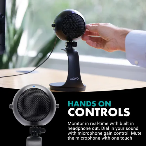Vista 4 de Movo WebMic - Micrófono USB con soporte de escritorio en negro, micrófono de computadora de condensador cardioide para PC y Mac con ganancia