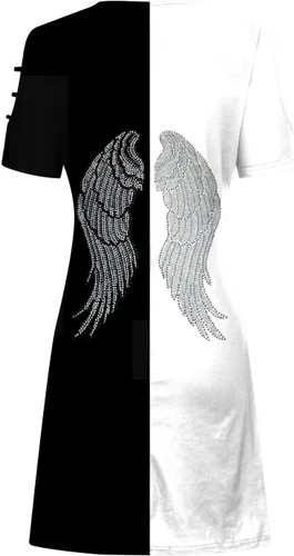 Vista 4 de Ruziyoog Vestidos de verano para mujer, holgados, casuales, de manga corta, con huecos, hombros descubiertos, vestido midi acampanado hasta