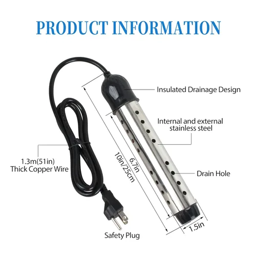 Vista 2 de Calentador de Inmersión, Calentador de Agua Sumergible, 1500W/1000W-110V Calentador de Agua de Inmersión Eléctrico Portátil Adecuado para Camping