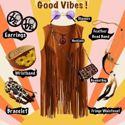 Vista 2 de ARK Survivor Disfraz hippie para mujer, accesorios de atuendo retro para mujer, diadema de plumas