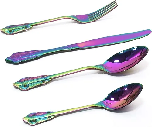 Vista 11 de Juego de cubiertos de 4 piezas, cubiertos de acero inoxidable 18/10, incluye cuchillo, tenedor, cuchara, cuchara de té, pulido con espejo, apto