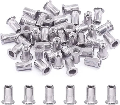 Vista 8 de Swpeet 50 piezas de acero inoxidable 304 #8-32 pulgadas moleteada tuerca remachadora cabeza plana roscada kit surtido Nutsert para automóviles