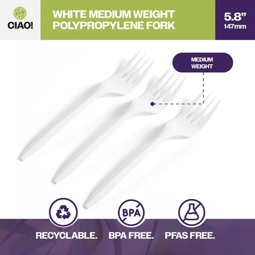 Vista 2 de CIAO! Tenedor blanco desechable de 5.8 pulgadas de polipropileno de peso medio (caja de 1000)