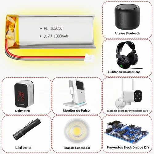 Vista 6 de 102050 3.7V 1000mAh LiPo Batería - Batería recargable de polímero de litio con placa de protección y conector Micro JST 1.25 para dispositivo