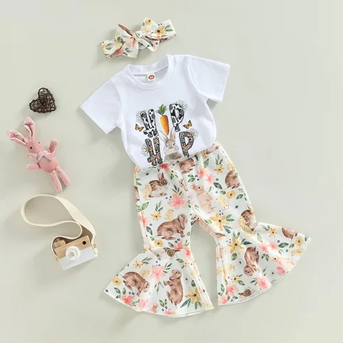 Vista 3 de MOREELUCK Conjunto de pantalones de Pascua para bebé niña, camiseta gráfica de conejo, pantalones acampanados con diadema, trajes de vacaciones