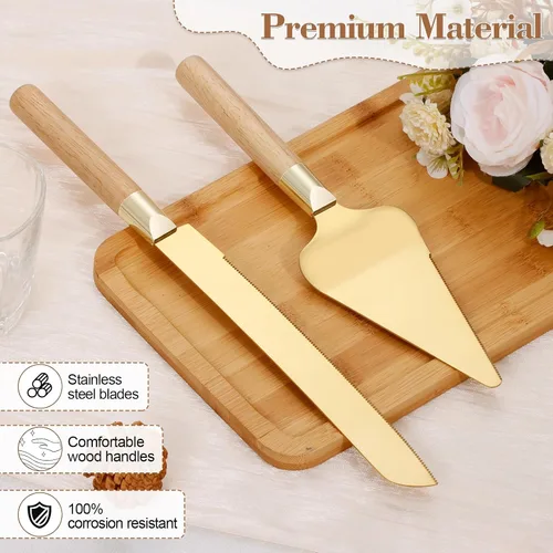 Vista 3 de Juego de corte de pastel dorado para boda, juego de cuchillo de pastel de madera y servidor, juego de corte de pastel rústico de 2 piezas, cubiertos