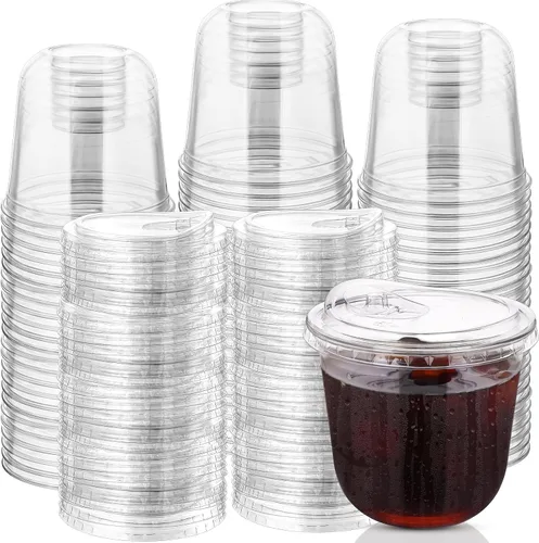 Vista 9 de 100 juegos de vasos desechables sin tallo con tapas sin pajita, vasos de plástico PET, vasos de café transparentes para café helado, batidos Azul