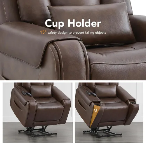 Vista 12 de CHITA Silla reclinable eléctrica para personas mayores con masaje y calor, silla reclinable grande de piel auténtica con soportes para tazas