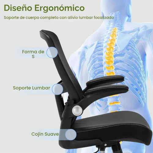 Vista 6 de Silla de oficina ergonómica de piel sintética, capacidad de peso de 400 libras, respaldo de malla transpirable, altura ajustable y brazos abatibles