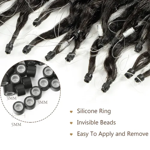Vista 6 de Extensiones de cabello humano con micro anillo, lacio, rizado, color negro natural, largo microenlaces, extensiones de cabello humano para personas