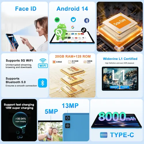 Vista 5 de DMOAO Tablet 2026 Tabletas Android de 11 pulgadas con 128 GB + 20 GB de almacenamiento grande, Octa-Core 2.0Ghz, 8000mAh, carga rápida de 18 W, WiFi