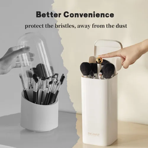Vista 4 de Soporte de cepillo de maquillaje de elevación automática con tapa a prueba de polvo organizadores cosméticos para tocador-blanco