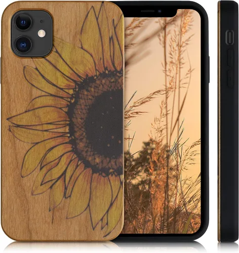Vista 4 de kwmobile Funda de madera compatible con Apple iPhone 11, diseño de girasol, amarillo y marrón oscuro, marrón claro