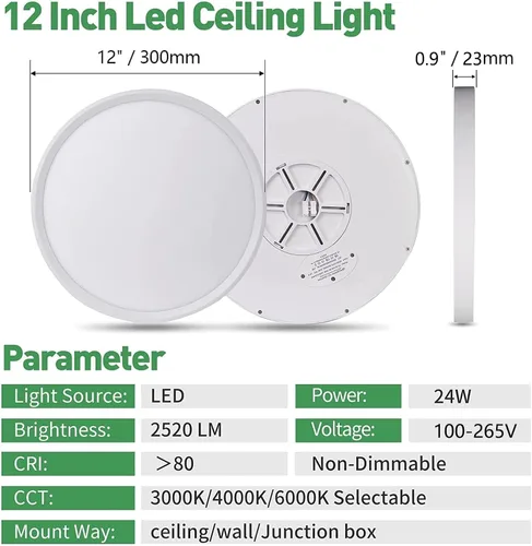 Vista 4 de Paquete de 4 luces LED de techo empotradas de 12 pulgadas, 24 W, 2500 lm, 3000 K/4000 K/6000 K CCT seleccionables, luces redondas de panel plano