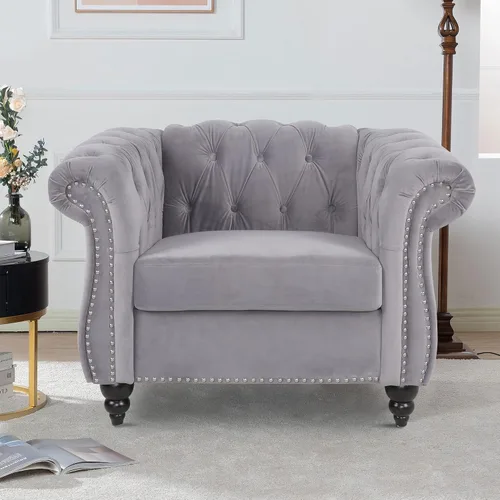 Vista 10 de LEVNARY Sillón Chesterfield de Terciopelo, Sillón Individual de Estilo Moderno de Mediados del Siglo con Respaldo de Botones y Decoración con Beige