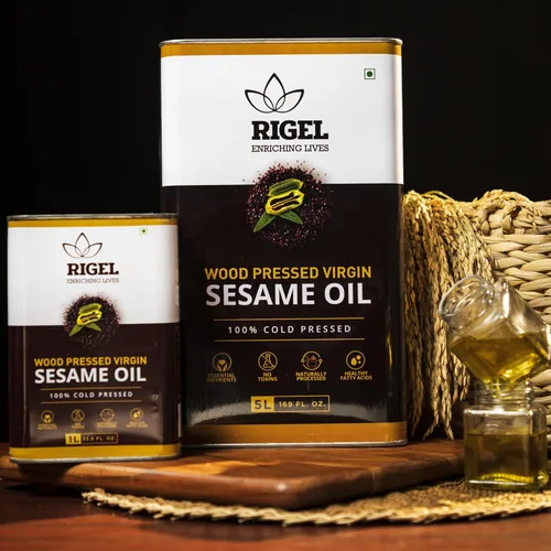 Vista 4 de Rigel Spices Aceite de sésamo prensado en frío molido naturalmente en lata ecológica de 33.8 fl oz (lata de 1 litro) Sin conservantes
