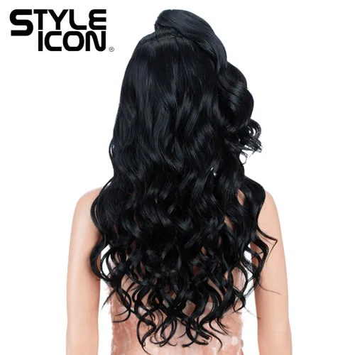 Vista 4 de Style Icon - Peluca de encaje frontal negra con parte libre, estilo U, de 24" de largo, ondulada con flequillo, sintética, resistente a altas 1