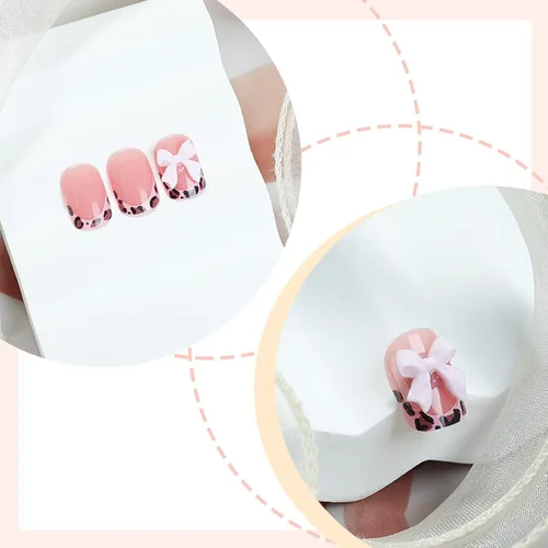 Vista 9 de Uñas Postizas Cuadradas Cortas con Diseños de Lazo 3D, Uñas Postizas de Leopardo con Punta Francesa, Uñas Adhesivas Brillantes, Uñas Acrílicas Nude