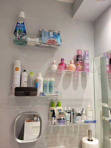 Vista 7 de Estante flotante de acrílico transparente de 15 pulgadas, 6 piezas montadas en la pared, estante invisible para especias, estantes de almacenamiento