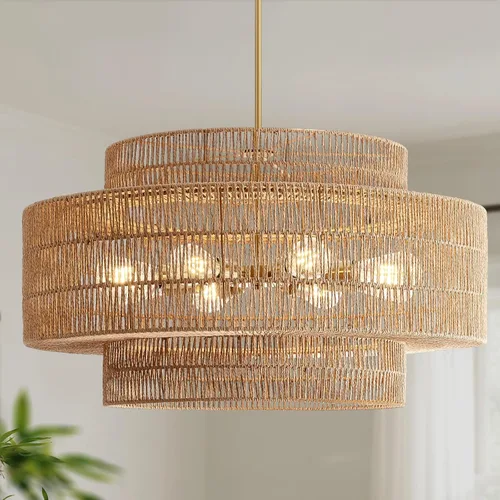 Vista 17 de 12.4” Candelabro de ratán boho, 1 luz, lámpara colgante tejida a mano, lámpara colgante rústica de estilo granja para isla de cocina, recámara