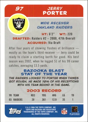 Vista 2 de 2004 Bazooka #97 Jerry Porter NFL Football Trading Card
