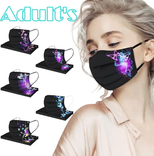 Vista 2 de Paquete de 50 mascarillas desechables para adultos, diseño de mariposas, flores, cuidado de la piel, días festivos, para mujeres, a prueba de polvo