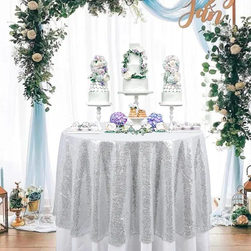 Vista 17 de ShinyBeauty Mantel de lentejuelas rosa intenso, superposición redonda brillante de 120 pulgadas para decoración de bodas, fiestas de cumpleaños