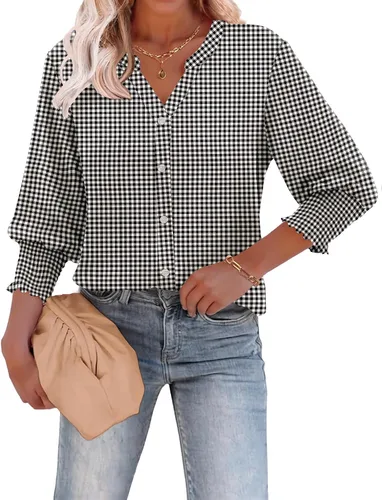 Vista 2 de LOMON Camisas con botones para mujer, manga 3/4, blusas casuales de negocios, blusas de verano 2026
