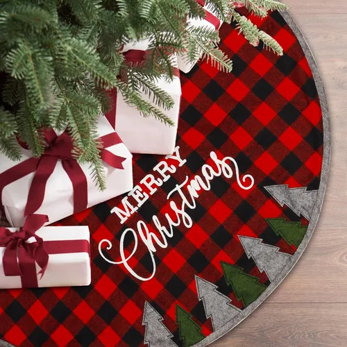 Vista 6 de Juegoal Falda de árbol de Navidad de 32 pulgadas, tapete de árbol de Navidad suave a cuadros rojos y negros para decoración de fiestas de Navidad