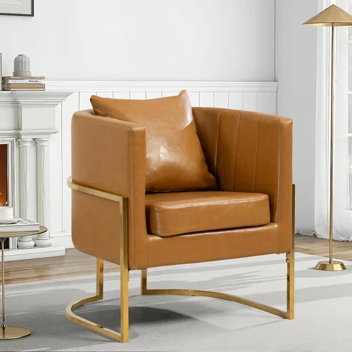 Vista 25 de Silla moderna de cuero, sillón tapizado de mediados de siglo con almohada para sala de estar, cómoda silla de tocador individual con patas doradas