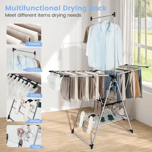 Vista 5 de Giantex Estante de secado de ropa, estante de secado de ropa plegable con altura ajustable de 6 niveles, diseño de colgador alto, clips laterales