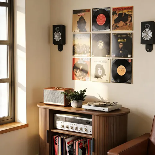 Vista 8 de Soporte para tocadiscos, mueble moderno de mediados de siglo con puertas correderas, gabinete de estantería de audio-video, soporte de medios