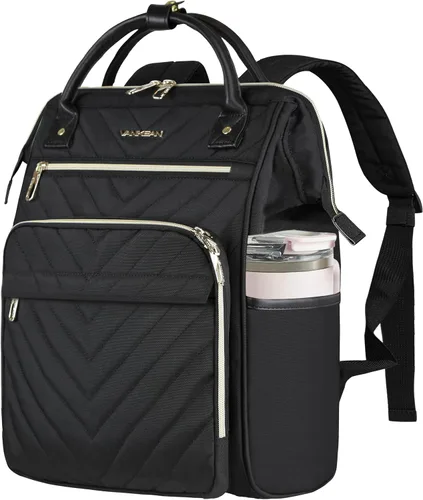 Vista 8 de VANKEAN Mochila para portátil de 17 pulgadas para mujeres y hombres, bolsa de trabajo de computadora de moda, Beige-café, 15,6 pulg., 7702