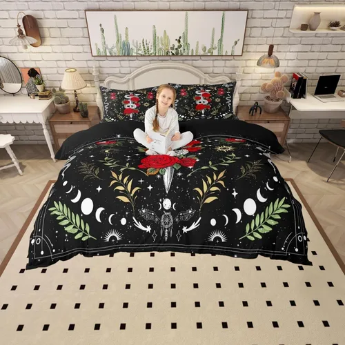 Vista 40 de Juego de ropa de cama de animales de gato misterioso, bohemio, exótico, tribal, abstracto, arte abstracto, juego de funda de edredón para decoración