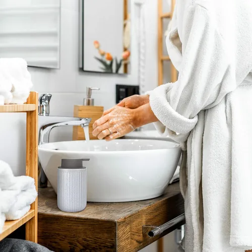 Vista 7 de Dispensador de espuma – Dispensador de bomba de mano beige, dispensador de jabón espumoso, dispensador de líquido de cerámica para cocina, baño