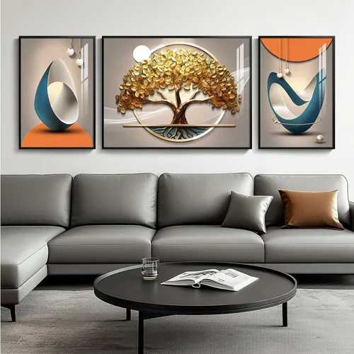 Vista 21 de Arte de pared moderno enmarcado en blanco y negro, 3 piezas de impresiones contemporáneas grandes para paredes, juego de 3 imágenes de hojas doradas