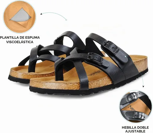 Vista 6 de Sandalia con plantilla de corcho, con espuma viscoelástica, con soporte de arco y comodidad, para mujer Celestis Negro