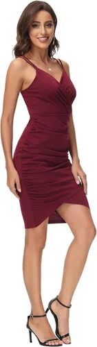 Vista 3 de GRACE KARIN Vestido sexy de cóctel con tirantes delgados para mujer, vestido ajustado con cuello en V fruncido para invitadas de boda
