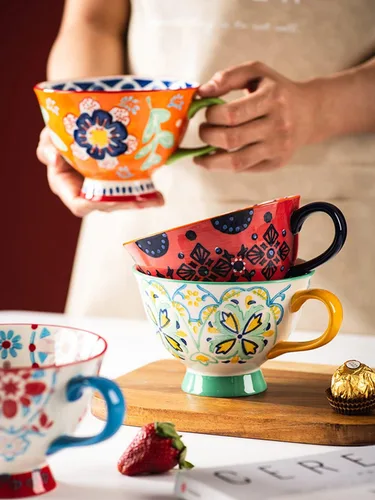 Vista 4 de Tazas de café de cerámica de gran capacidad pintadas a mano con patrón floral – Tazas jumbo, té, leche, cereales, taza de desayuno, juego de 4 – 14