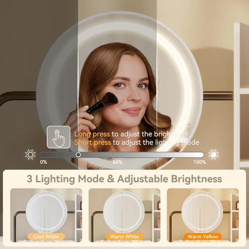 Vista 5 de Dowinx Escritorio de tocador con espejo iluminado LED y toma de corriente, escritorio blanco con 3 modos de iluminación ajustables, pequeño