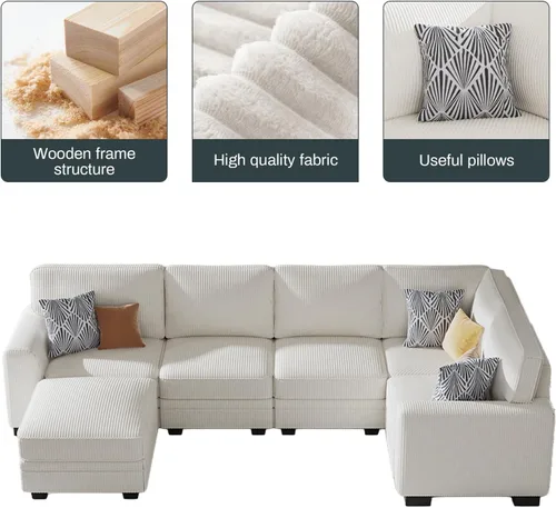 Vista 6 de Legend Vansen Sofá modular de gran tamaño, sofá reversible en forma de U con otomana, sofá de pana de asiento profundo para sala de estar, 6 plazas