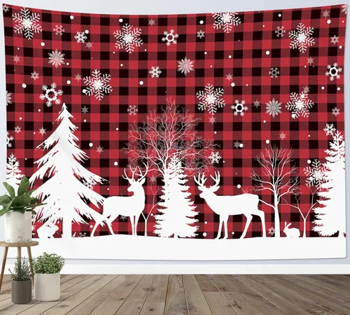 Vista 3 de HVEST Tapiz de nieve de invierno para colgar en la pared, diseño de ciervo y conejo blanco sobre fondo a cuadros rojos y negros, tapiz de copo