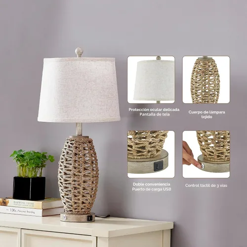 Vista 6 de Juego de 2 lámparas de mesa de ratán natural de 27", interruptor táctil, lámparas de mesita de noche regulables de 3 vías, con puertos de carga USB